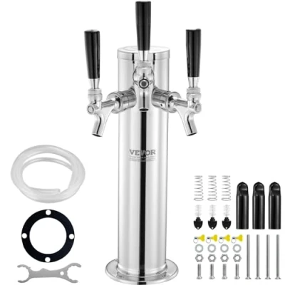 Image de VEVOR Kit Colonne à Bière Pression Trois Robinets, Distributeur de Boisson en Acier Inoxydable, Tireuse avec Tubes Pré assemblés et Tiges Robinet Fermeture Automatique, Bar