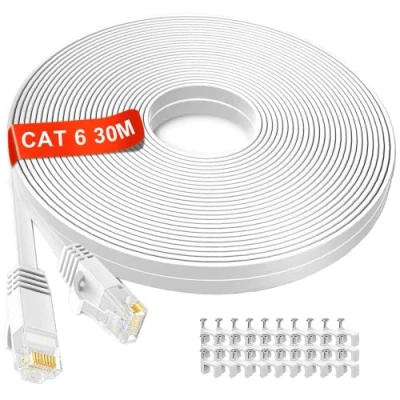 Afbeelding van Ethernetkabel 30m Cat 6 RJ45 Kabel, Hoge Snelheid 8P8C Netwerkkabel Wit, Gigabit Internet LAN Kabel Compatibel met Cat5/Cat5e, Fibre Patch voor Router Modem Switch Xbox PS5 PS4