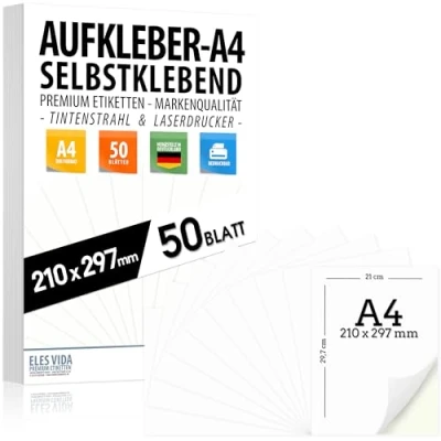 Afbeelding van Lot de 50 étiquettes autocollantes DIN A4 210 x 297 mm, imprimables universelles, surface blanche mate, compatibles avec les imprimantes à jet d&#039;encre et laser, autocollants pour nombreuses