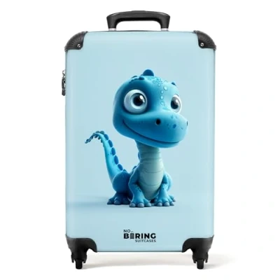 Afbeelding van NoBoringSuitcases.com Kinderkoffer blauwe dinosaurus met opvallende ogen Past binnen 55x40x20 cm en 55x35x25 Handbagage Trolley op wieltjes Reiskoffer wielen Rolkoffer Kindertrolley jongen Koffer kinderen