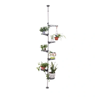 Afbeelding van 7 laags telescopisch bloemenrek Bloementrap Plantenstandaard Binnenplantenstandaarden Veerspanningspaal Metalen bloemendisplayrek Ruimtebesparende hoek Bloemenpothanger Plank, Grijs