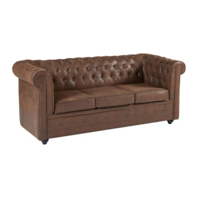 Afbeelding van Vente unique Driezits slaapbank van microvezel met verouderd leereffect CHESTERFIELD L 204 cm x H 85 D 89