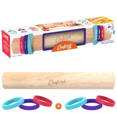 Afbeelding van Chefclub Network Kids Verstelbare deegroller van hout 3 afneembare siliconen ringen voor verschillende deegdiktes 2KIT301