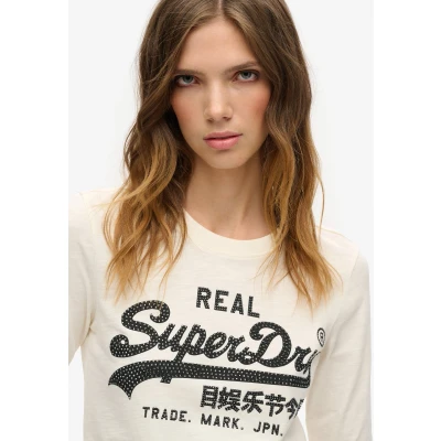 Afbeelding van Superdry Embellished Vintage LOGO Graphic Longsleeve, Dames, Maat: 36, Cream slub