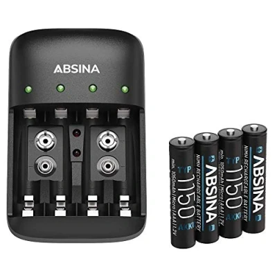 Afbeelding van ABSINA oplaadbare batterijlader AA AAA &amp; 9 V + 4 x 1150 batterijen oplader voor NiMH met sleuven AAA, en batterijlader, acculader