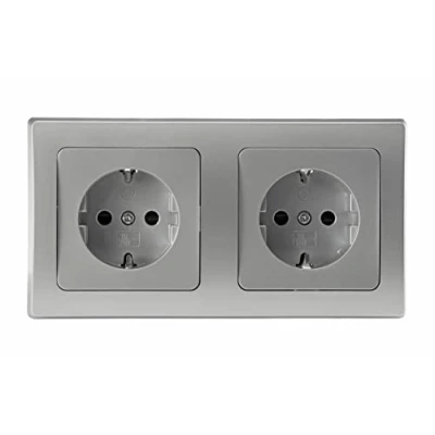 Afbeelding van DELPHI Inbouwstopcontact, dubbel stopcontact, geaard stopcontact met verhoogde aanraakbeveiliging, frame, kleur: zilver/grijs