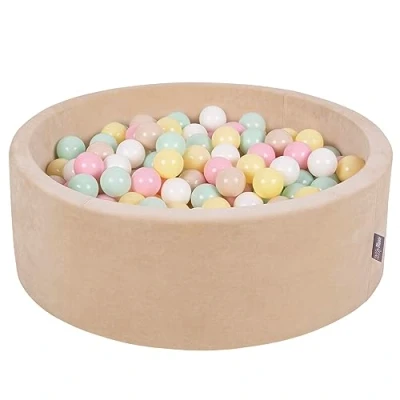 Afbeelding van KiddyMoon Velours ballenbad 90 x 30 cm / 300 ballen met een diameter van 7 cm, rond, gemaakt in de EU, zandbeige: Pastelbeige pastelgeel wit muntgroen poederroze