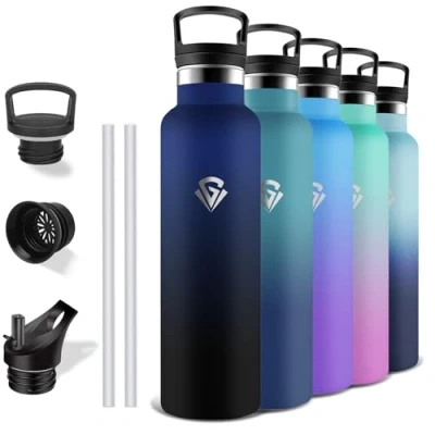 Afbeelding van Grsta 1 liter thermosfles, BPA vrij, fles met rietje, lekvrij, roestvrijstalen fles, 18/8 roestvrij staal, thermosfles voor camping, reizen, fitness