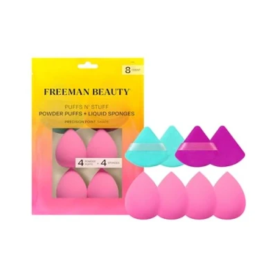 Afbeelding van Freeman Puffs N&#039; Stuff poederdonsjes + vloeibare sponzen voor foundation, concealer en fixeerpoeder, veganistisch dierproefvrij, 8 stuks