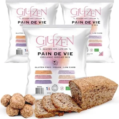 Afbeelding van Glutenvrije biologische Glutenbroodbereiding, zonder broodmachine. Mix volkorenbrood Low Carb. Gezond voedzaam zaadbrood klaar in 3 minuten. Coeliakie, lage GI, keto, veganistisch, allergenen