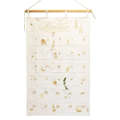 Afbeelding van Papierdrachen Ramadan kalender 2024, stof om te vullen, beige en goud, hoogwaardige geborduurde stoffen tas, katoen, herbruikbaar, set van 3