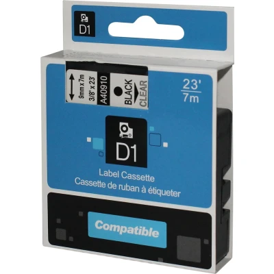 Afbeelding van Rillprint compatible D1 tape voor Dymo 40910, 9 mm, zwart op transparant beletteringsysteem