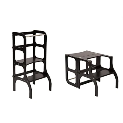 Afbeelding van Ette Tete Step &#039;n Sit Leertoren Zwart met messing clips Inklapbaar tot tafel en stoel Learning Tower Montessori inspired Keukentrap Keukenhulp Leerstoel Veilig Duurzaam