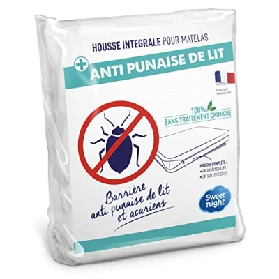 Image de SWEET NIGHT Housse intégrale matelas 140x190 cm Anti Punaise de lit et acariens Protège intégralement votre Fermeture à glissière Sans traitement chimique Ep. jusqu&#039;à 25