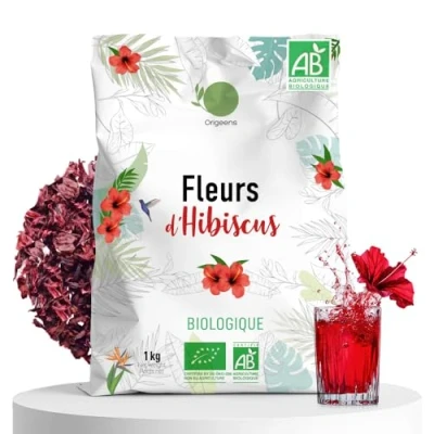 Image de ORIGEENS Hibiscus Bio 1kg Grade Supérieur Fleur pour Bissap, Thé glacé, Infusion et Tisane Detox Drainante Fleurs d&#039;Hibiscus Séchées