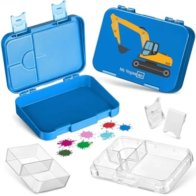 Afbeelding van Len bento Box lunchbox voor kinderen, met 4 + 2 vakken, extreem robuust, brooddoos, ideaal kinderopvang en school (blauw, graafmachine)