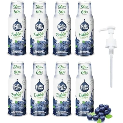 Image de 8 x FruttaMax Concentré de sirop fruits Moins sucre avec 60% convient pour machine à soda (8 500 ml) Myrtille)