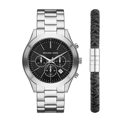 Afbeelding van Michael Kors Runway Herenhorloge, chronograaf uurwerk met roestvrijstalen of leren band, Zilveren en zwarte set, MK1056SET AMZUK