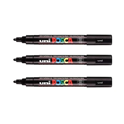 Afbeelding van POSCA Mitsubishi Pencil 3 zwarte markeerstiften PC5M conische punt marker op waterbasis alle ondergronden voor papier, textiel, glas, kiezelsteen, hout enz.