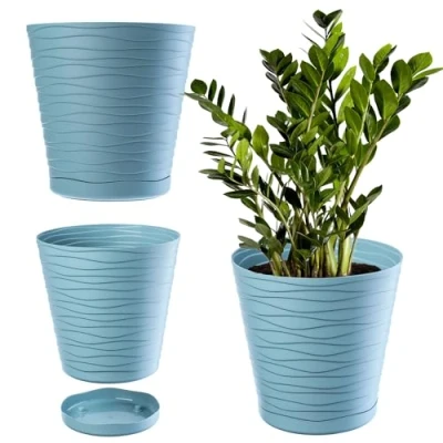 Afbeelding van KADAX Bloempot met onderzetter, plantenbak voor binnen, lichte bloempot, van kunststof, ronde sierpot bloemen, planten, huis, (13 cm, pepermunt)