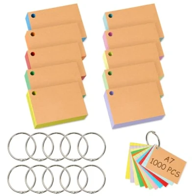 Afbeelding van Votoko Kaarten, A7, 1000 stuks, kleurrijke leerkaarten, blanco, met bindringen, 7,4 x 10,5 cm, woordenschatkaarten, gelinieerd, flashkaarten, 10 kleuren, indexkaarten,