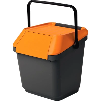 Afbeelding van Afvalemmer stapelbaar 35 liter grijs met oranje deksel Handvat EasyMax
