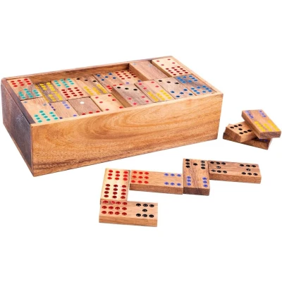 Afbeelding van Kleurrijk houten domino 12 spel in een kistje