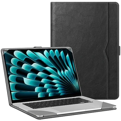 Afbeelding van Fintie Beschermhoes compatibel met MacBook Air 15 M3 M2 chip (2024 2023) A3114 A2941, gemaakt van hoogwaardig PU leer, 15,3 inch, zwart