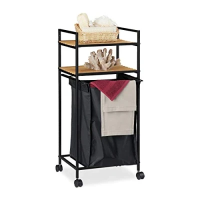 Afbeelding van Relaxdays badkamer trolley met wasmand metaal &amp; bamboe wasbox badkamerrek waszak
