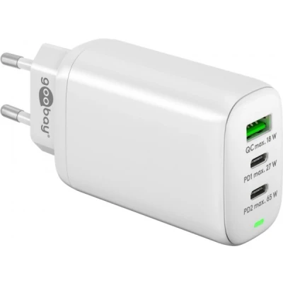 Afbeelding van Goobay USB C PD triple multiport snellader (65 W) wit oplaadadapter met 2x poorten (Power Delivery) en 1x A poort (Quick Charge 3.0)