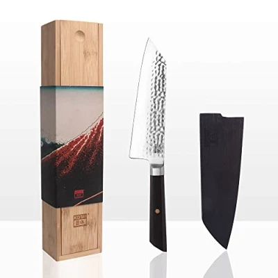 Afbeelding van Kotai Bunka Santoku met bamboe Saya en bamboedoos 170 mm lemmet Koksmes Japanse Messen