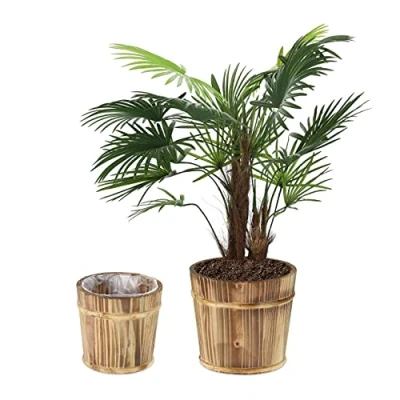 Afbeelding van Relaxdays Set van 2 ronde Houten bloempotten maten Ø 24 en 19 cm vat Voor binnen buiten Natuur