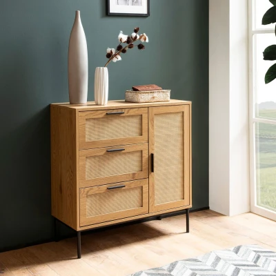 Afbeelding van Sky Style Nazar Eiken / Rattan Dressoir met 3 Lades en 1 Deur