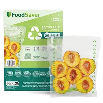 Afbeelding van FoodSaver Vacuümzakken, recyclebare en herbruikbare voedselzakken, houden de versheid van je levensmiddelen tot 5 keer langer BPA vrij 36 zakken (20 cm x 25 cm; 0,94 l)