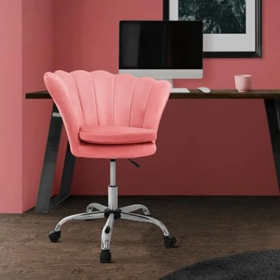 Afbeelding van Bureaustoel met wielen en rugleuning schelpdesign 68x68 cm roze fluweel metalen frame ML design