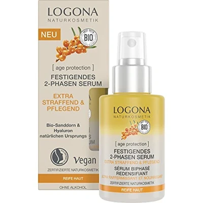 Afbeelding van LOGONA Naturkosmetik Anti aging gezichtsserum voor rijp, veganistisch, verkwikkend 2 fasen serum met hyaluron en biologische zanddoorn, bescherming tegen veroudering, 30 ml