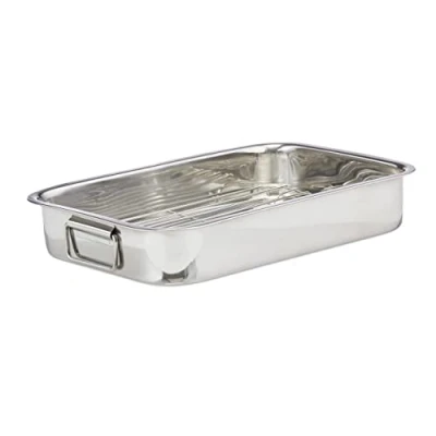 Afbeelding van Relaxdays braadslede met rooster edelstaal ovenschaal braadpan braadslee zilver XL