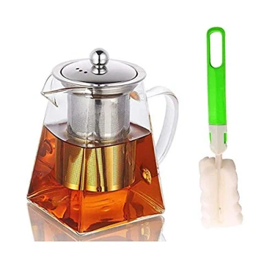 Afbeelding van glazen theepot met infuser, bekerborstel, hittebestendige afneembare transparante borosilicaatglazen voor losse thee 550 ml