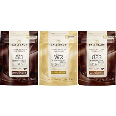 Afbeelding van CALLEBOT Receipe nr. 811, 823 en W2, callets callets, zachte bitterchocolade, melkchocolade witte chocolade, 1 kg 3 pack