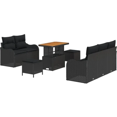 Afbeelding van vidaXL 8 delige tuinsofa set met kussens Zwart Poly Rattan Acacia, 2 zits opbergruimte &amp; Rattan, 3 tuin eetset Acacia