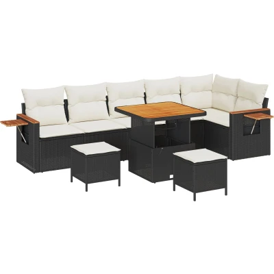 Afbeelding van vidaXL 9 delige Tuin Sofa Set met Kussens Zwart Poly Riet Acacia, 3 Eet Acacia