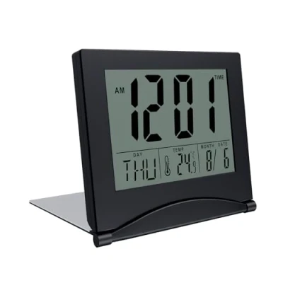 Afbeelding van MMOBIEL Klok met datum en dag Darty LCD reisalarm, opvouwbaar, bureauklok temperatuur datumweergave, digitale wekker, werkt op batterijen, zwart