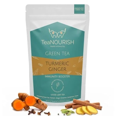 Afbeelding van TeaNOURISH Turmeric Ginger Green Tea Darjeeling Loose Leaf Gemengd met Indiase Turmeric, &amp; Kaneel 100% NATURAL INGREDIËNTEN Brouw Hot of Iced 100 g