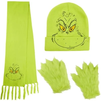 Afbeelding van The Grinch Winteraccessoireset voor dames, muts, sjaal, handschoenen, cadeaus haar, groen, eenheidsmaat, Groen