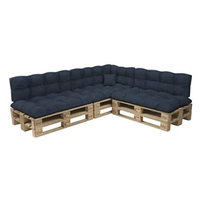 Afbeelding van POKAR Set van 8 gewatteerde kussens voor europallets: 3 x zitvlak 120 80 cm + rugleuning 40 1 60 kussen cm, tuinbank, zonder pallet, donkerblauw