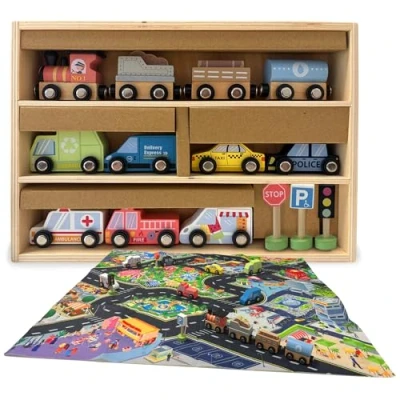 Afbeelding van Maxx kidz Houten speelgoed auto&#039;s met magneet 16 delig Vanaf 2 jaar Educatief Duurzaam Jongens