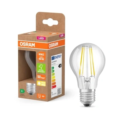 Afbeelding van OSRAM LED Classic Lampe mit Filament in klassischer Kolbenform, klarer Glasleuchtkörper, 3.8 W, E27 Fassung, EEK A, 806 lm für die Allgemeinbeleuchtung, Blanc Chaud