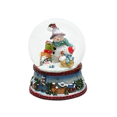 Afbeelding van Mooie kleine sneeuwbol met sneeuwpop blauwe sjaal, afmetingen ca. 8,8 x 7 cm/Ø 6,5 cm