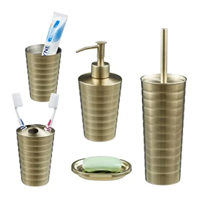 Afbeelding van Relaxdays badkamerset 5 delig badkamer accessoires geborsteld rvs modern goud