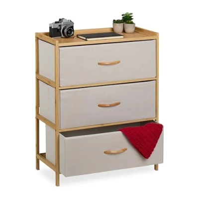 Afbeelding van Relaxdays ladekast halkast opbergkastje bijzetkast gang 3 lades bamboe stof beige